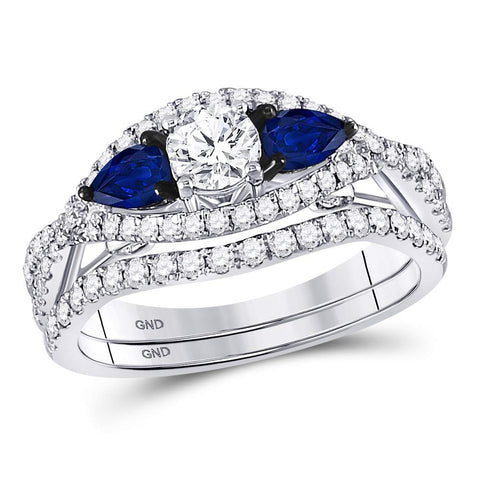 14kt White Gold Womens Round Diamond Blue Sapphire Bridal Wedding Ring Set 1-3/8 Cttw