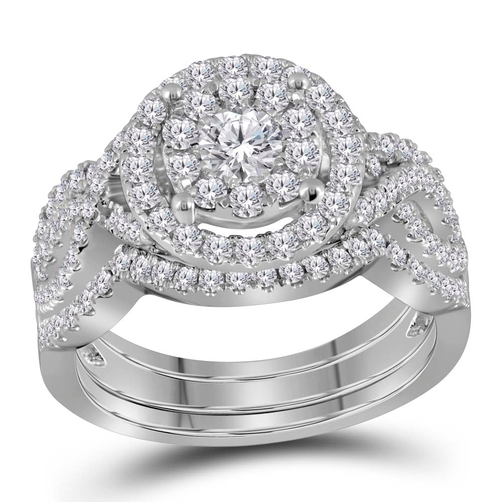14kt White Gold Womens Round Diamond Halo Bridal Wedding Engagement Ring Band Set 1-1/4 Cttw