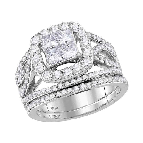 14kt White Gold Womens Princess Diamond Halo Bridal Wedding Engagement Ring Band Set 2.00 Cttw