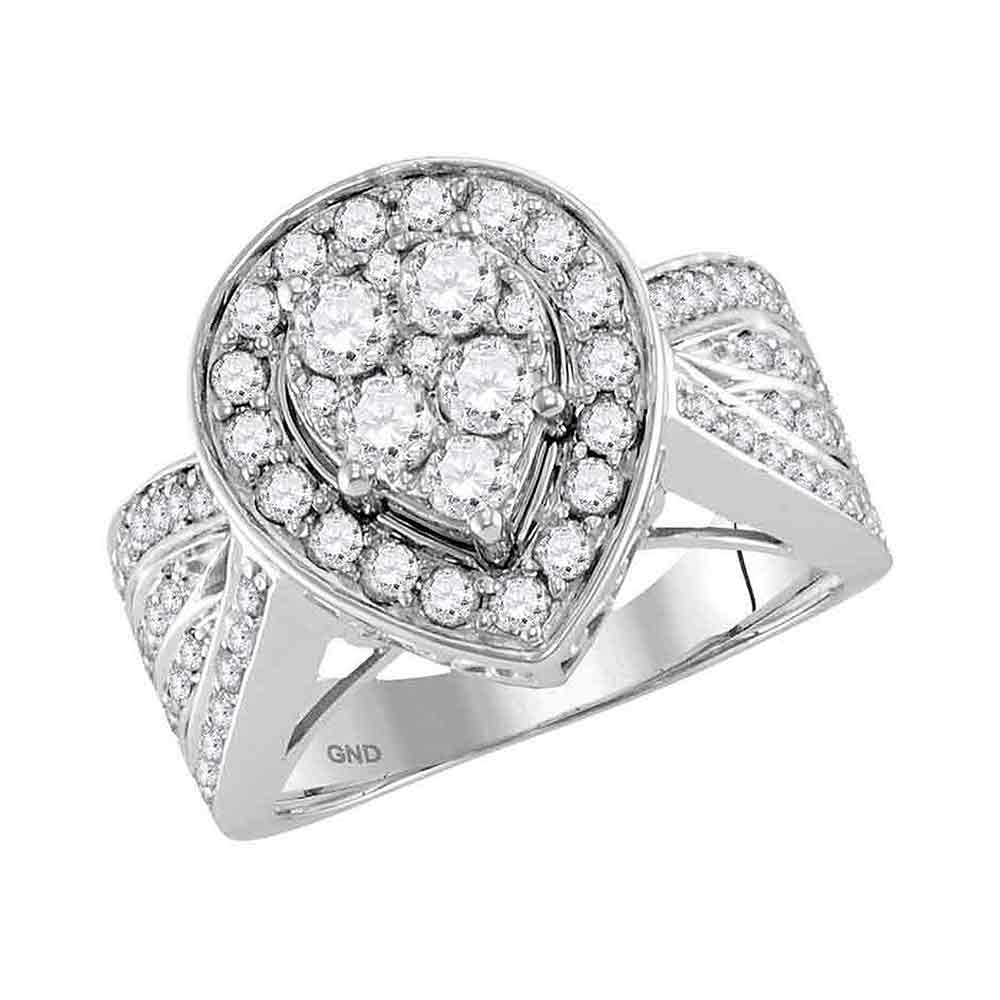 14kt White Gold Womens Round Diamond Teardrop Cluster Bridal Wedding Engagement Ring 1-3/8 Cttw