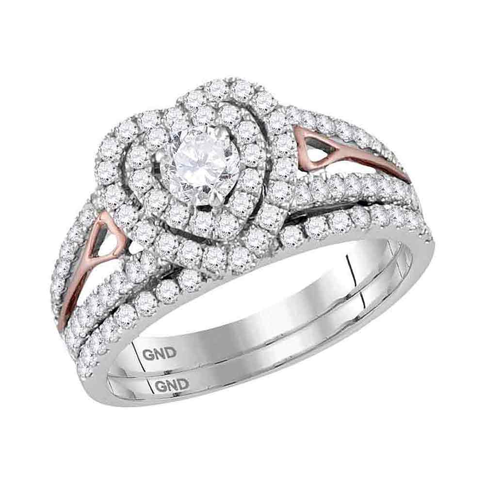 14kt Two-tone Gold Womens Round Diamond Heart Bridal Wedding Engagement Ring Band Set 1-1/5 Cttw