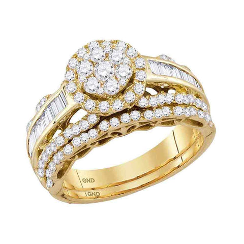 14kt Yellow Gold Womens Round Diamond Cluster Bridal Wedding Engagement Ring Band Set 1-1/2 Cttw