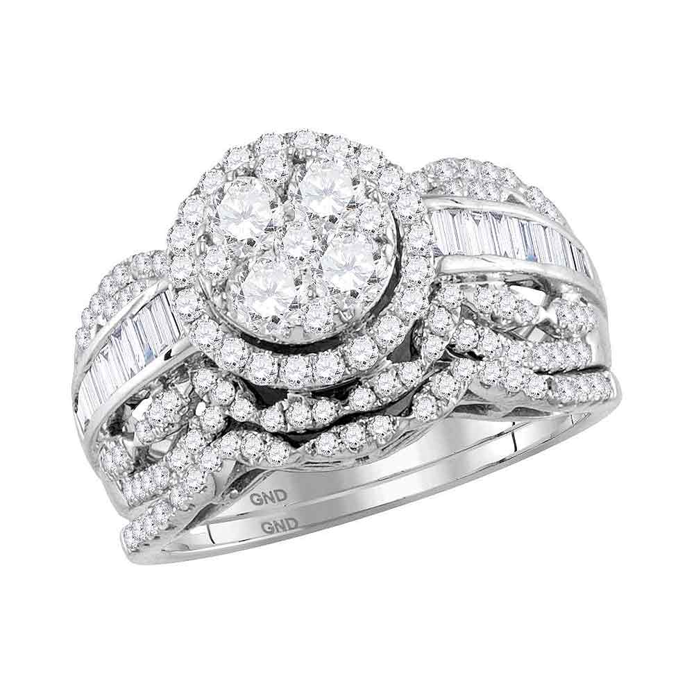 14kt White Gold Womens Round Diamond Cluster Halo Bridal Wedding Engagement Ring Band Set 1-3/8 Cttw