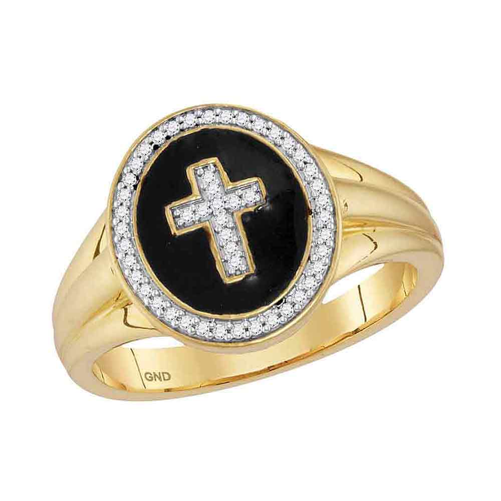 10kt Yellow Gold Mens Round Diamond Cross Crucifix Fashion Ring 1/6 Cttw