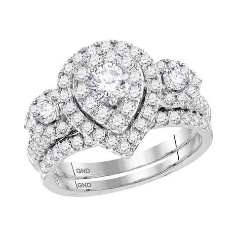 14kt White Gold Womens Round Diamond Teardrop Bridal Wedding Engagement Ring Band Set 1-1/2 Cttw