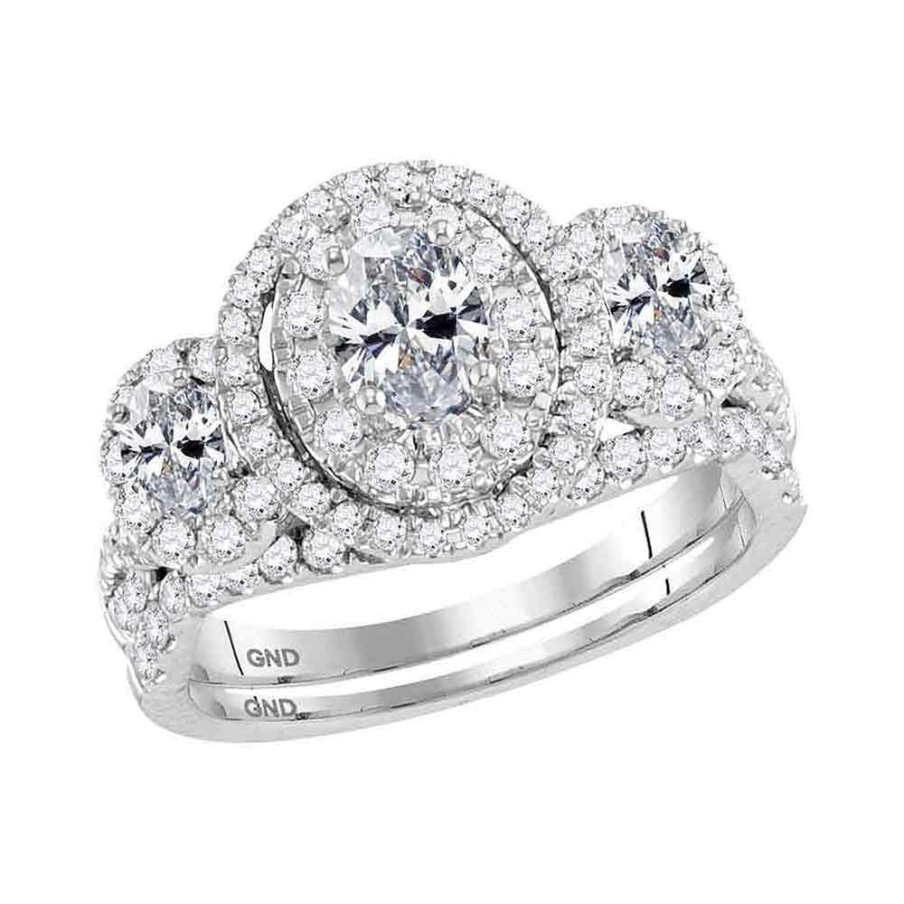14kt White Gold Womens Oval Diamond 3-Stone Bridal Wedding Engagement Ring Band Set 1-1/2 Cttw