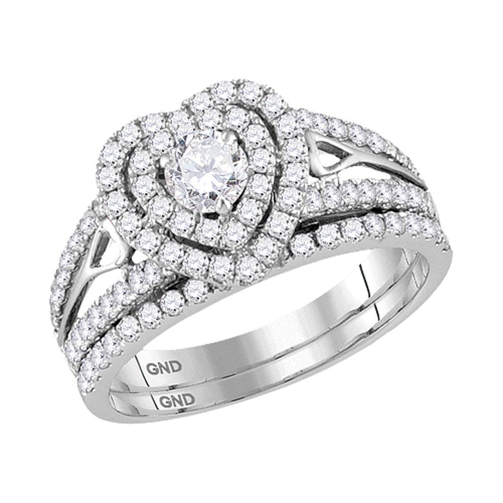 14kt White Gold Womens Round Diamond Heart Bridal Wedding Engagement Ring Band Set 1-1/5 Cttw