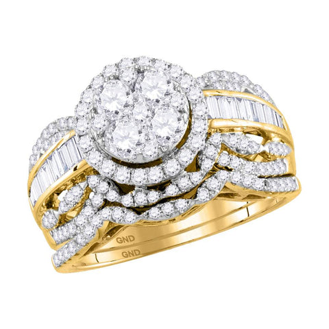 14kt Yellow Gold Womens Round Diamond Cluster Halo Bridal Wedding Engagement Ring Band Set 1-3/8 Cttw