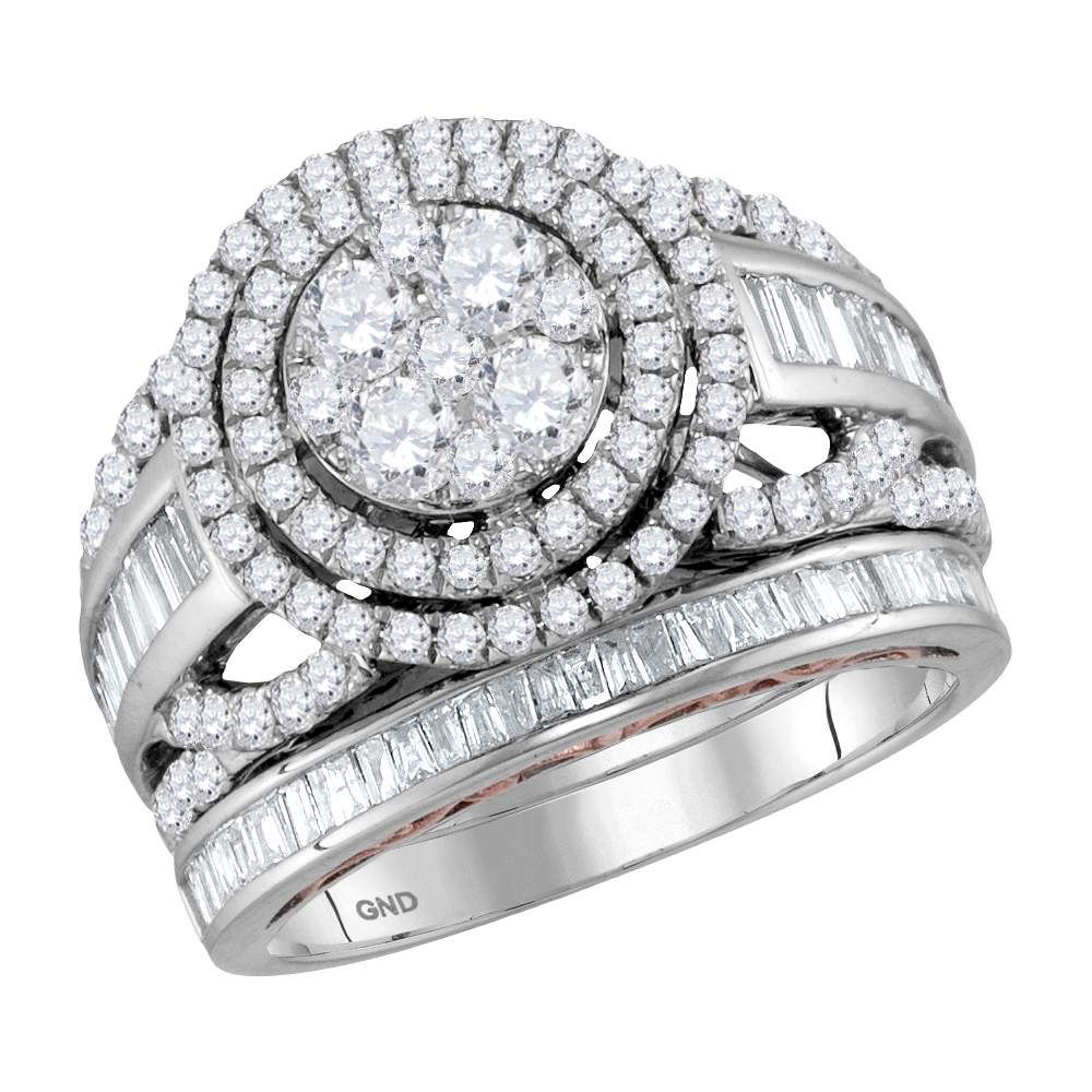 14kt Two-tone White Rose Gold Womens Round Diamond Halo Bridal Wedding Engagement Ring Band Set 1-7/8 Cttw