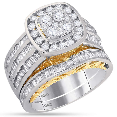 14kt Two-tone White Yellow Gold Womens Round Diamond Cluster Bridal Wedding Engagement Ring Band Set 1-3/4 Cttw