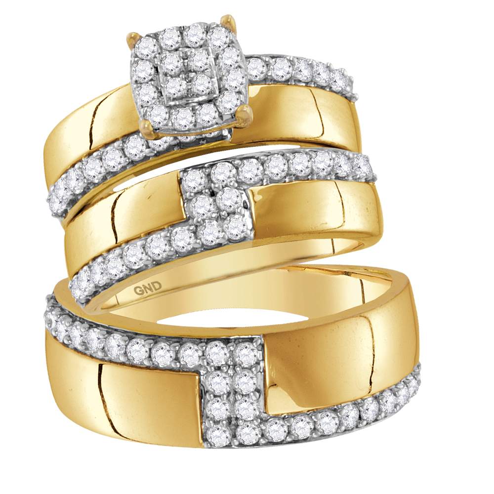 14kt Yellow Gold His & Hers Round Diamond Cluster Matching Bridal Wedding Ring Band Set 1-1/2 Cttw