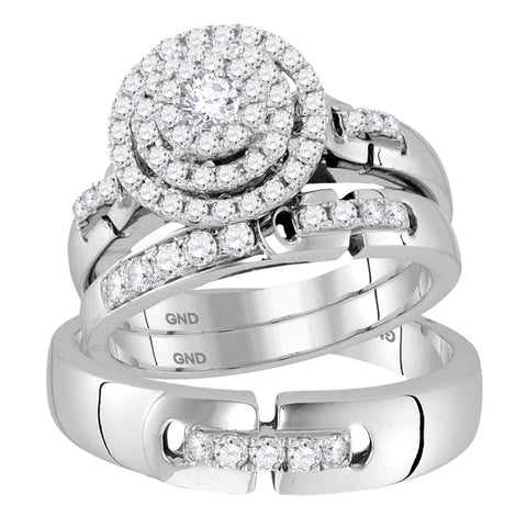 14kt White Gold His & Hers Round Diamond Cluster Matching Bridal Wedding Ring Band Set 1.00 Cttw