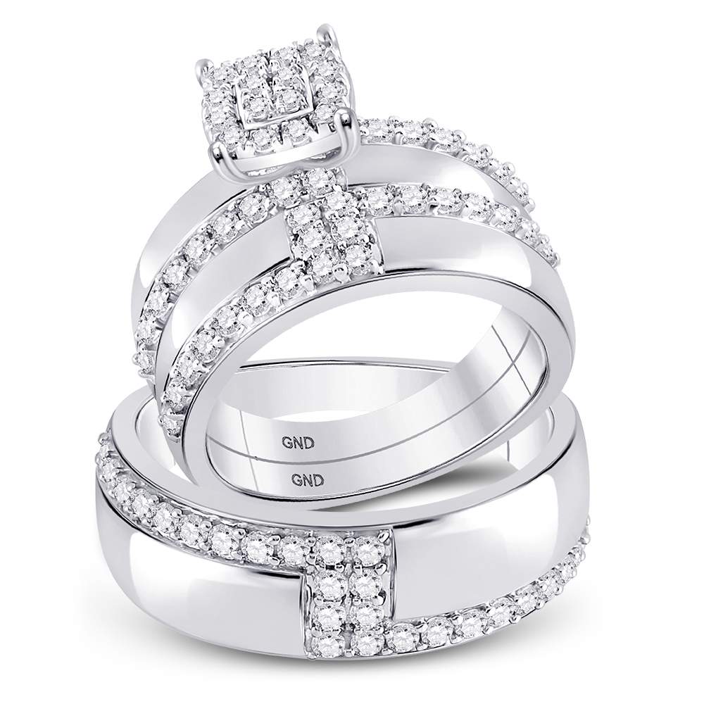 14kt White Gold His & Hers Round Diamond Cluster Matching Bridal Wedding Ring Band Set 1-1/2 Cttw