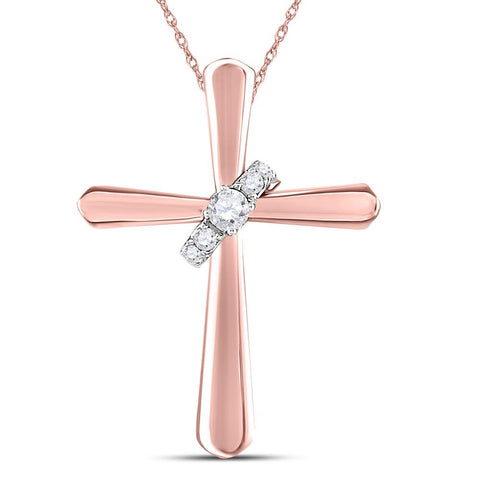 Simple 14K Rose Gold Cross Pendant for Women with Diamonds 1/10 Cttw