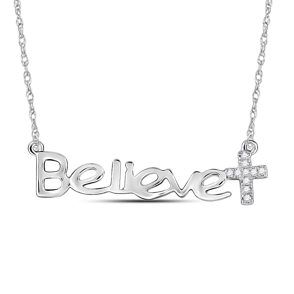 BELIEVE Cross Necklace in 14K White Gold & Diamonds, Religious Theme 1/20 Cttw