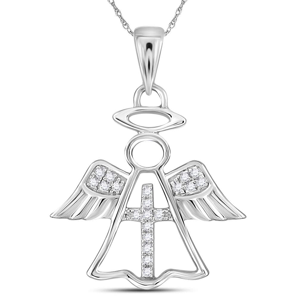Guardian Angel Cross Necklace for Women, 14Kt White Gold 1/20 Cttw