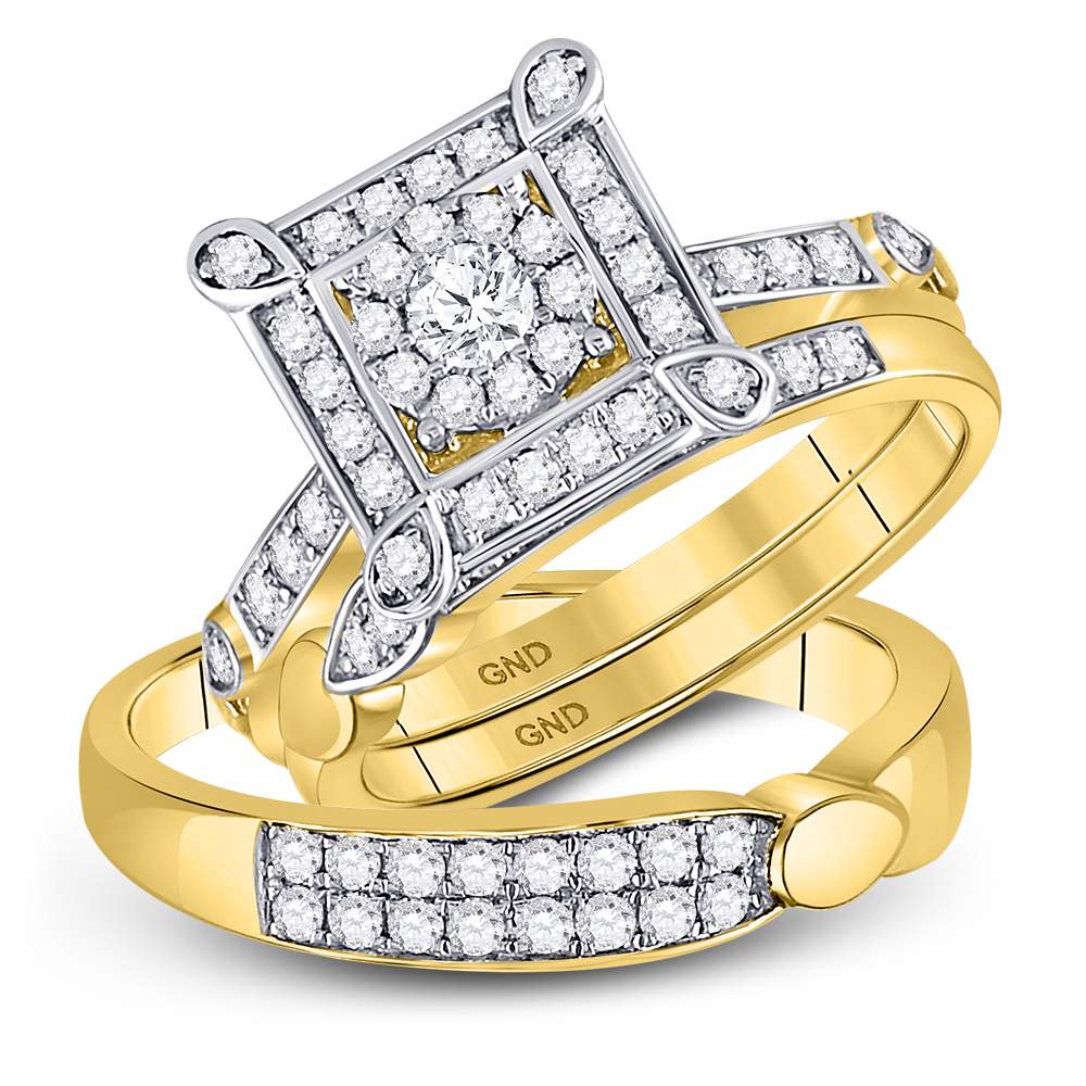 14kt Yellow Gold His & Hers Round Diamond Solitaire Matching Bridal Wedding Ring Band Set 1.00 Cttw