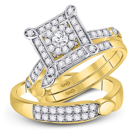 14kt Yellow Gold His & Hers Round Diamond Solitaire Matching Bridal Wedding Ring Band Set 1.00 Cttw