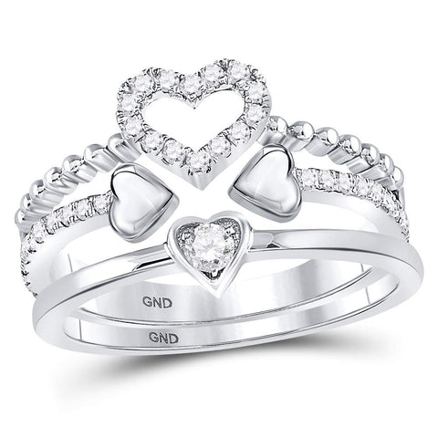 14kt White Gold Womens Round Diamond 2-Piece Beaded Heart Band Ring Set 1/3 Cttw