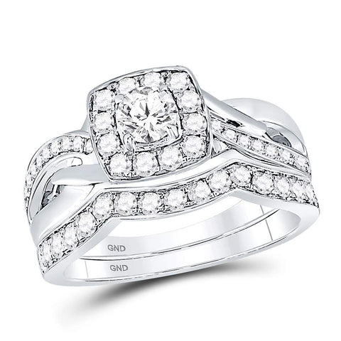 14kt White Gold Womens Round Diamond Square Halo Bridal Wedding Engagement Ring Band Set 1.00 Cttw