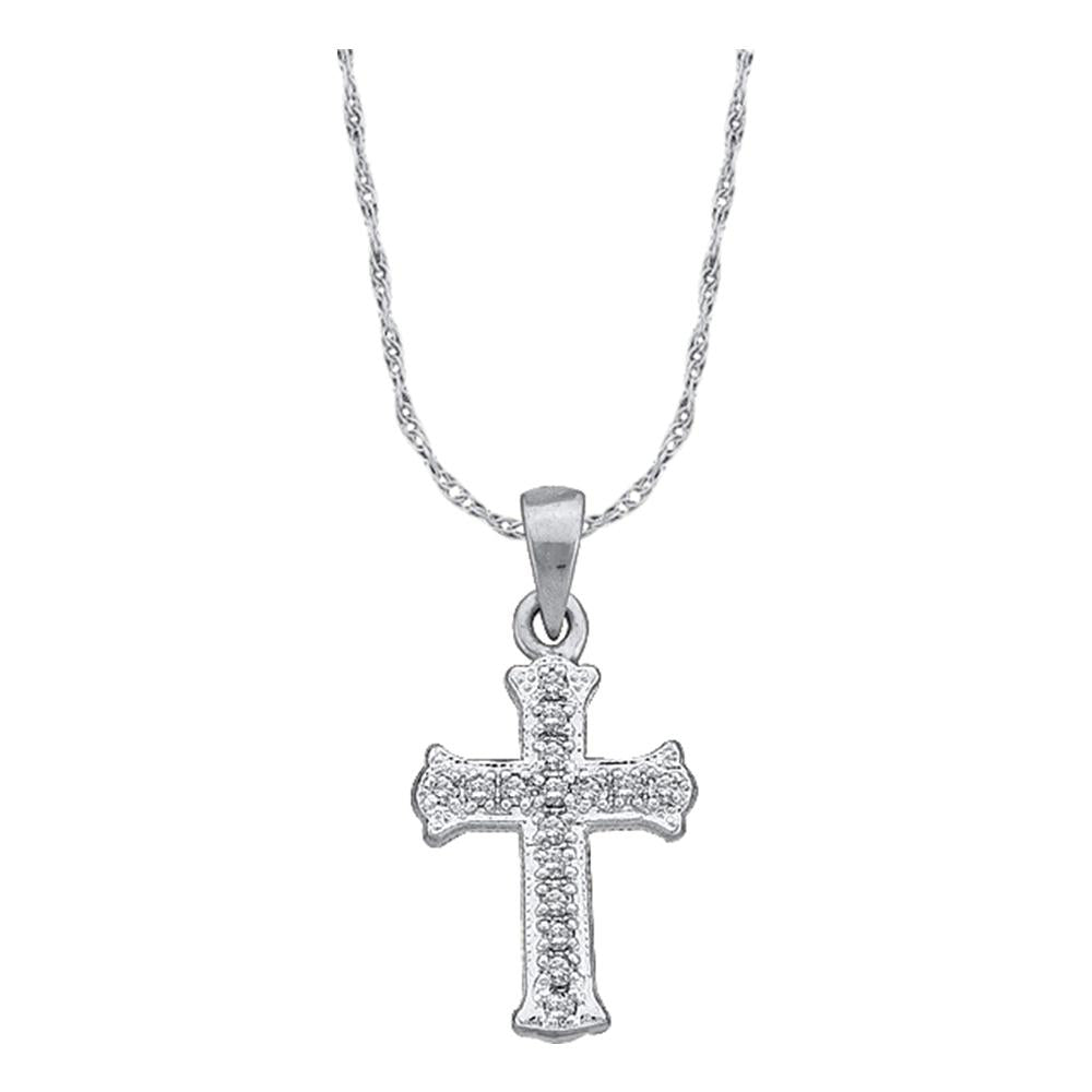 White Gold Cross Necklace with Diamonds & Scalloped Design 1/12 Cttw