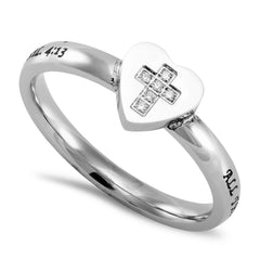CHRIST MY STRENGTH Ring with Bible Verse, Heart Jewelry in Stainless Steel