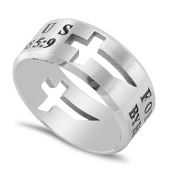 Romans 5:9 Cross Cut Out Ring with Bible Verse, Stainless Steel