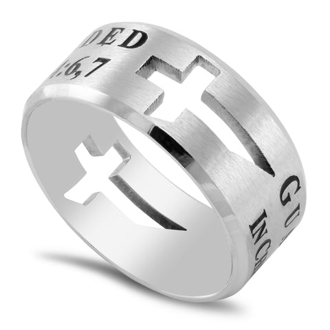 Philippians 4:6,7 Cross Cut Out Ring with Bible Verse, Stainless Steel