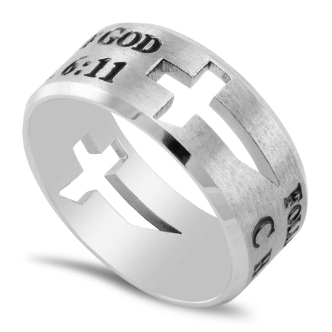 1 Timothy 6:11 Ring Cut Out Cross Silver