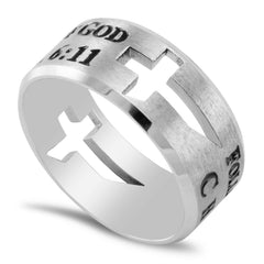 1 Timothy 6:11 Cross Cut Out Ring with Bible Verse, Stainless Steel
