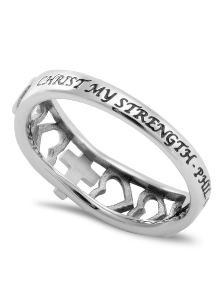 Christ My Strength Ring with Heart Cutout and Cross, Stainless Steel