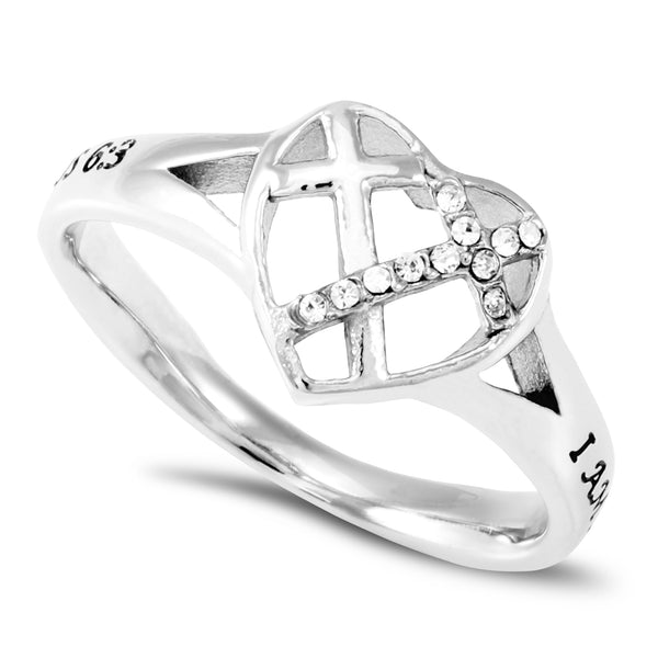 BELOVED Heart Ring for Women with CZ Crosses, Stainless Steel