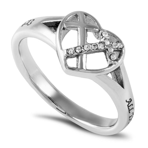CHRIST MY STRENGTH Heart Ring for Women with CZ Crosses, Stainless Steel