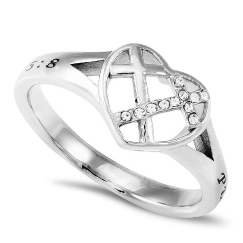 PURITY Heart Ring for Women with CZ Crosses, Stainless Steel