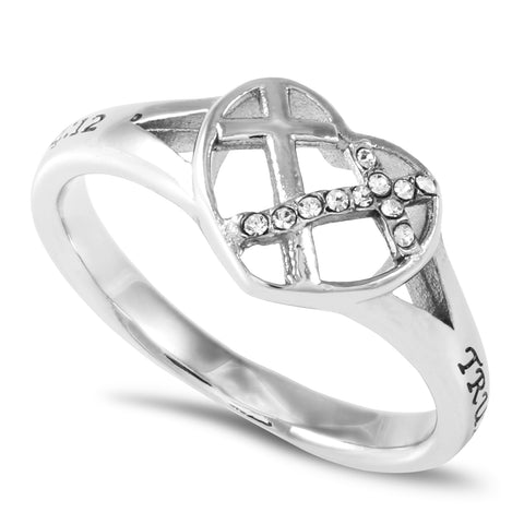 TRUE LOVE WAITS Heart Ring for Women with CZ Crosses, Stainless Steel