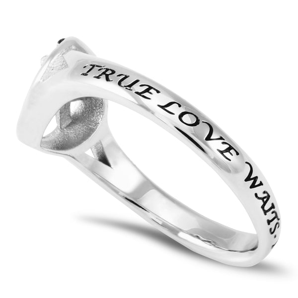 TRUE LOVE WAITS Heart Ring for Women with CZ Crosses, Stainless Steel