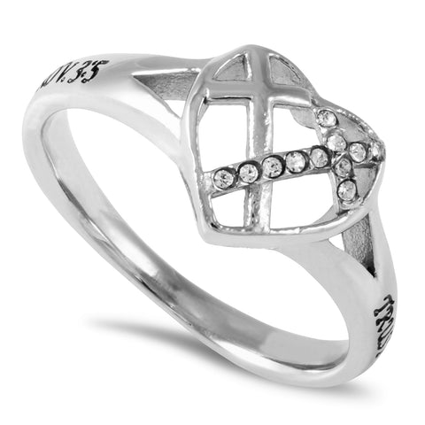 TRUST IN THE LORD Heart Ring for Women with CZ Crosses, Stainless Steel