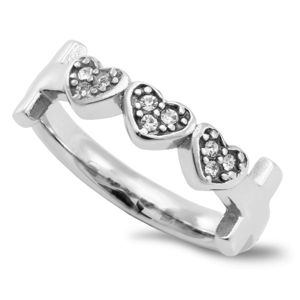 WOMAN OF GOD Cross and Heart Ring with Stones, Stainless Steel