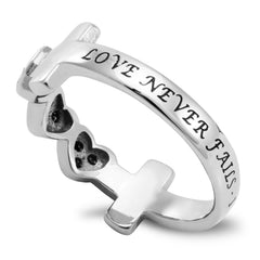 LOVE NEVER FAILS Cross and Heart Ring with Stones, Stainless Steel