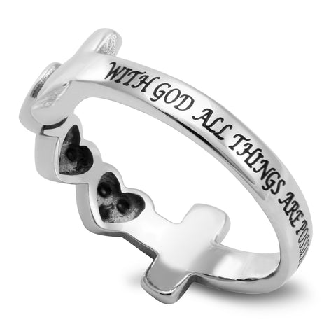 ALL THINGS ARE POSSIBLE Cross and Heart Ring with Stones, Stainless Steel