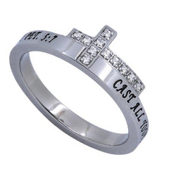 CARE Engraved Bible Verse Sideways Cross Ring with CZ, Stainless Steel