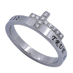 TRUE LOVE WAITS Engraved Bible Verse Sideways Cross Ring with CZ, Stainless Steel