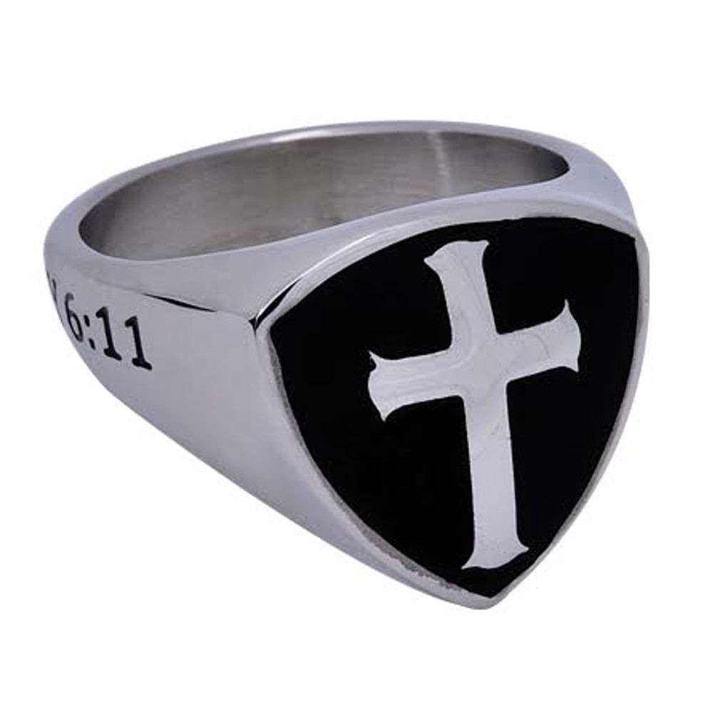 MAN OF GOD Black Signet Shield Cross Ring Stainless Steel