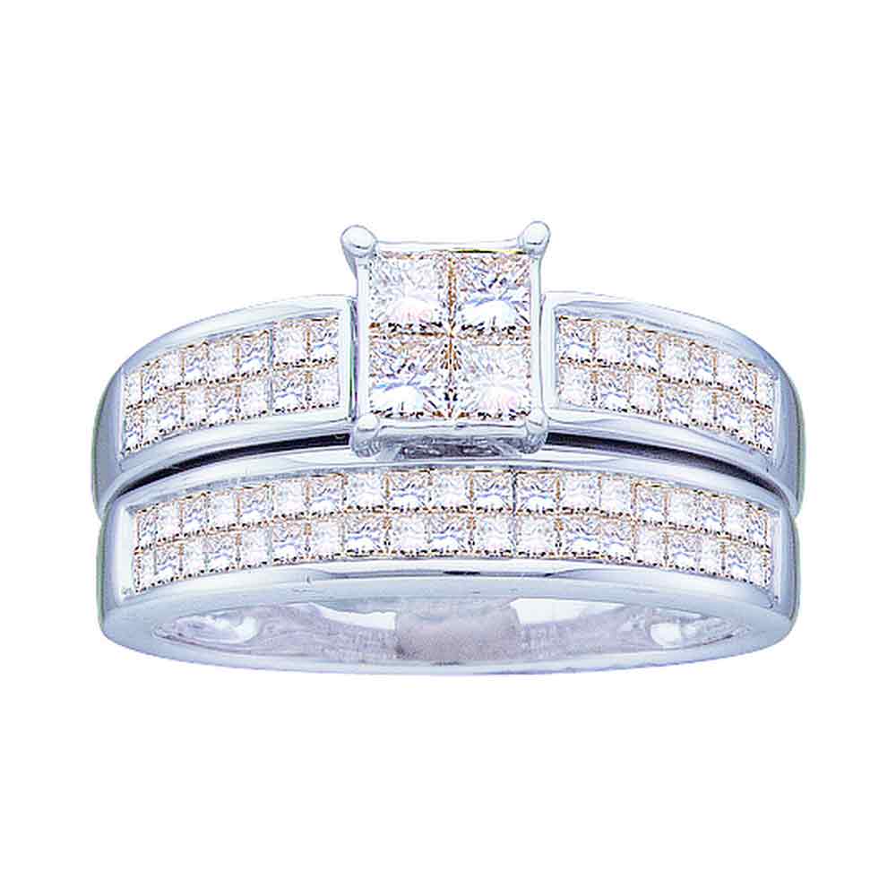 14kt White Gold Womens Princess Diamond Bridal Wedding Engagement Ring Band Set 1 Cttw