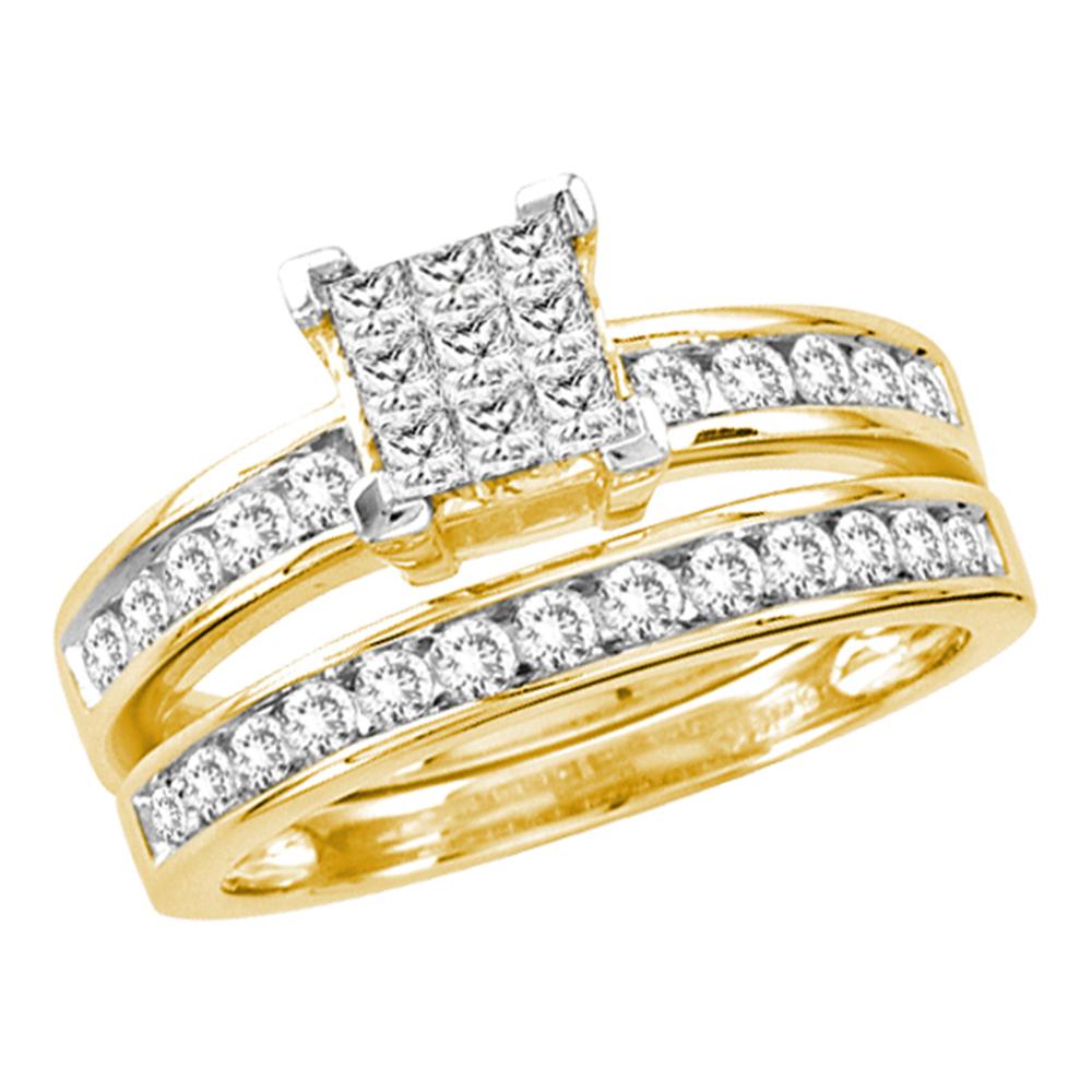 14kt Yellow Gold Womens Princess Diamond Cluster Bridal Wedding Engagement Ring Band Set 1.00 Cttw