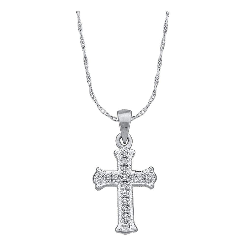 Small 14K White Gold Cross Necklace For Women with Diamonds 1/12 Cttw