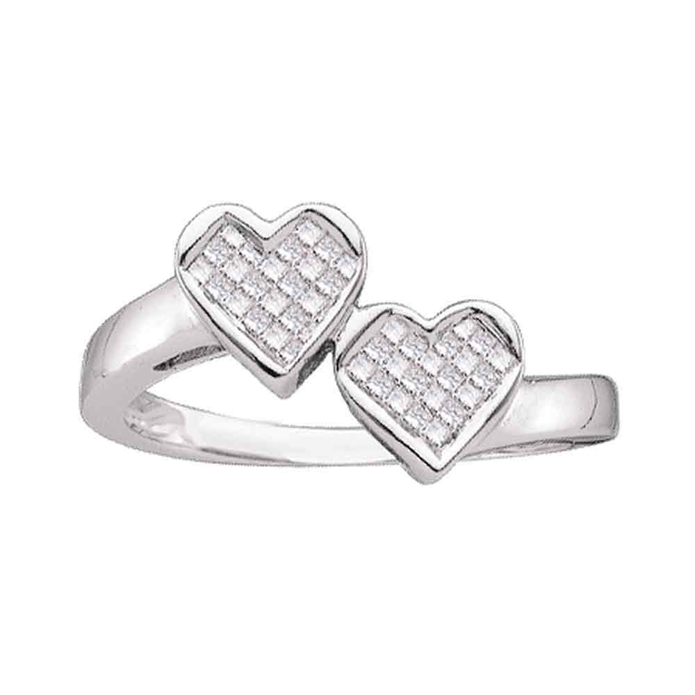 14kt White Gold Womens Princess Diamond Double Heart Love Ring 1/4 Cttw