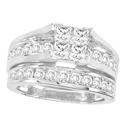 14kt White Gold Womens Princess Diamond Bridal Wedding Engagement Ring Band Set 2.00 Cttw