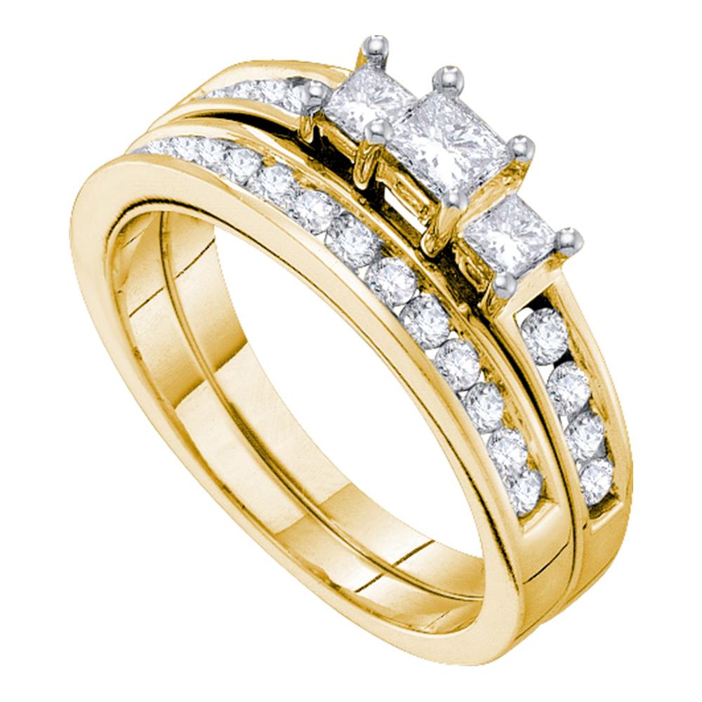 14kt Yellow Gold Womens Princess Diamond 3-stone Bridal Wedding Engagement Ring Band Set 1.00 Cttw