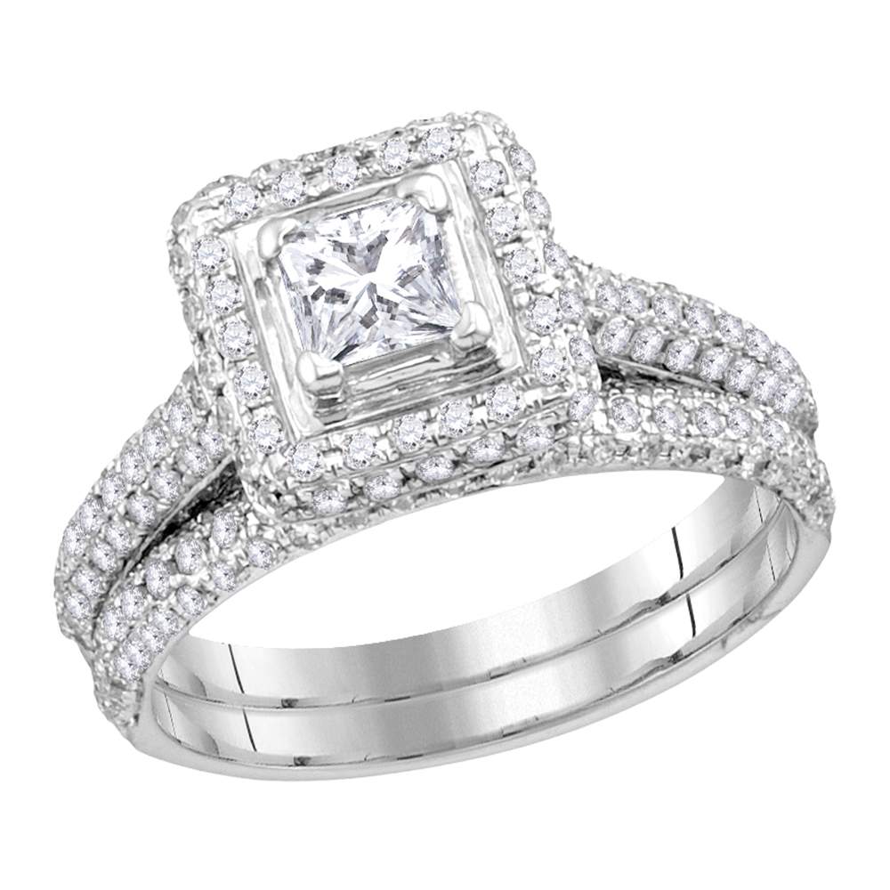 14kt White Gold Womens Princess Diamond Halo Bridal Wedding Engagement Ring Band Set 1-1/4 Cttw
